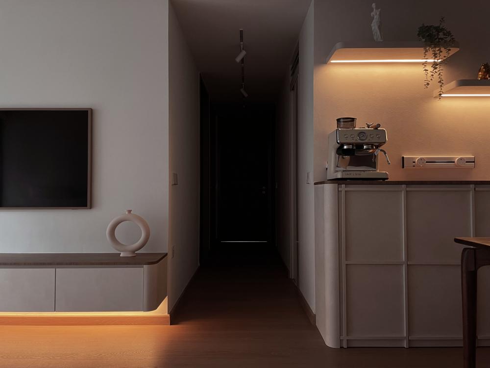 Scandinavian Living Room with Wood Flooring and TV Console