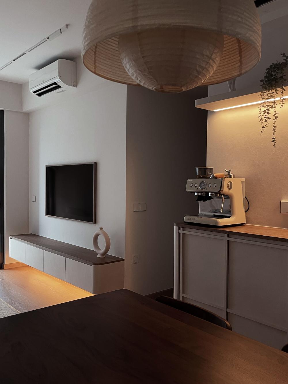 Scandinavian Living Room with Wood Flooring and TV Console