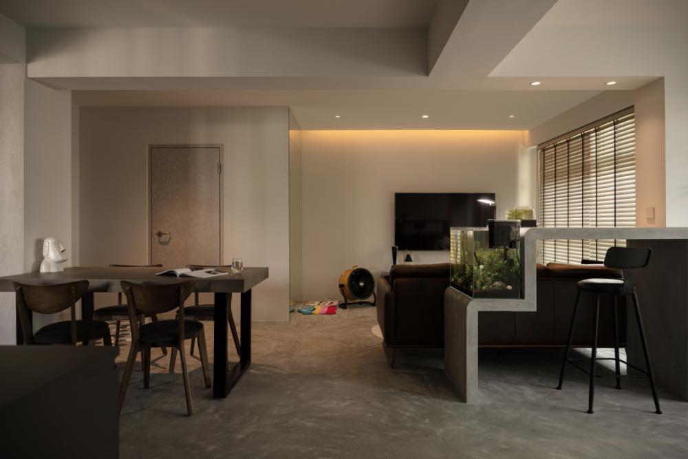 Industrial Living Room with Ceiling Light and Bar Counter
