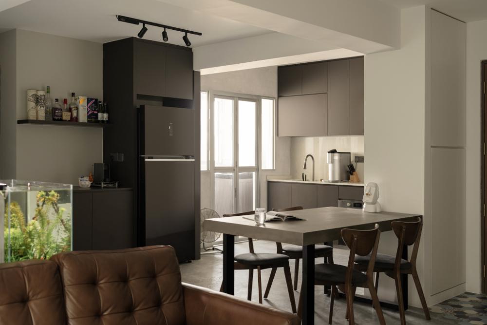 Industrial Dining Room with Open Kitchen and Downlights