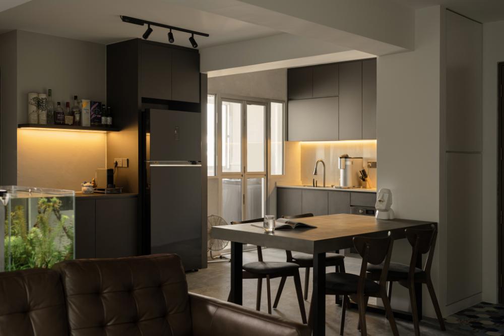 Industrial Dining Room with Open Kitchen and Dining Table