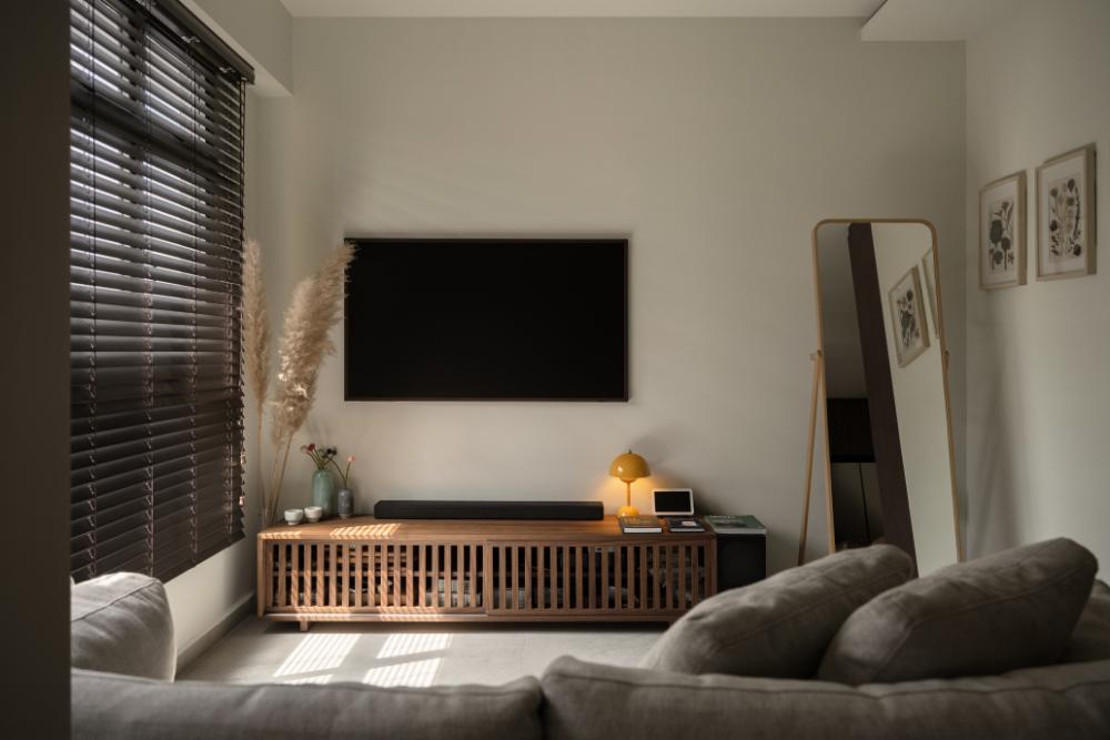 Scandinavian Living Room with TV Console and Mirror