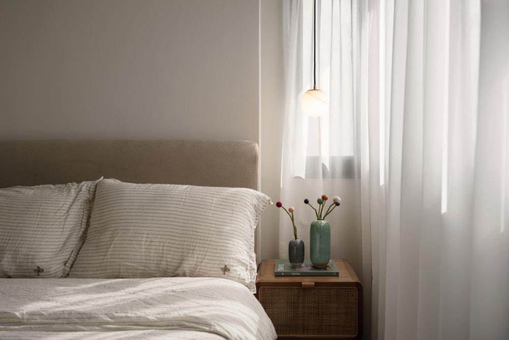 Scandinavian Bedroom with Curtain and Bedside Table