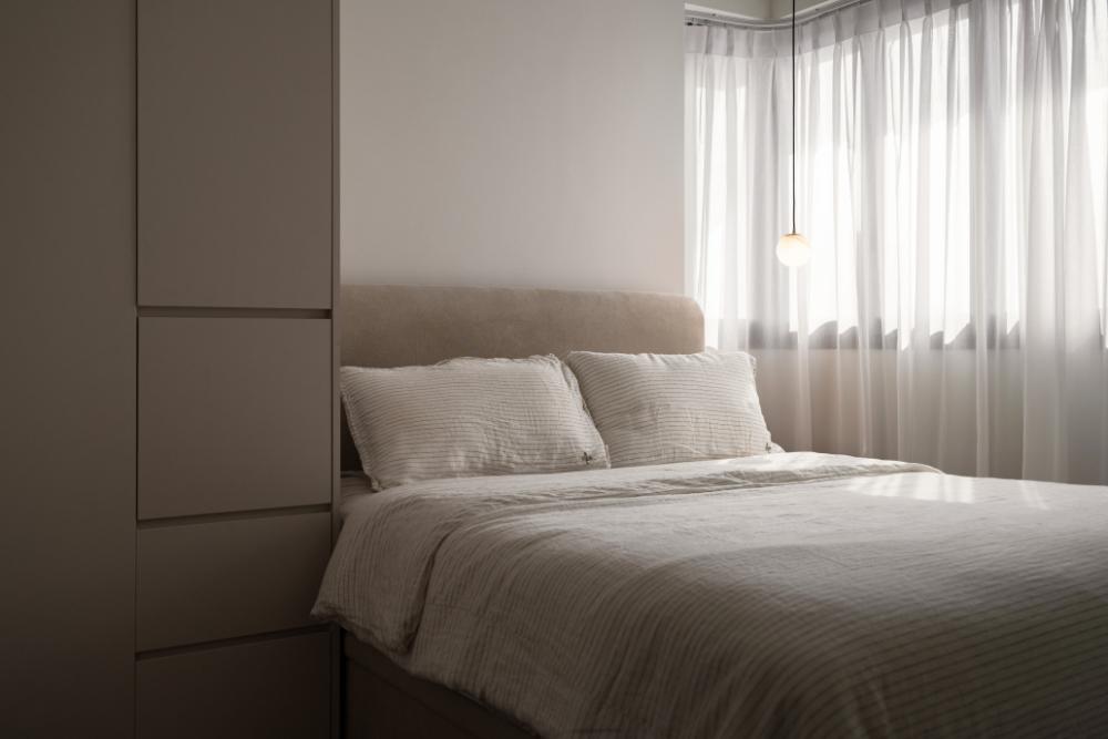 Scandinavian Bedroom with Wardrobe and Curtain