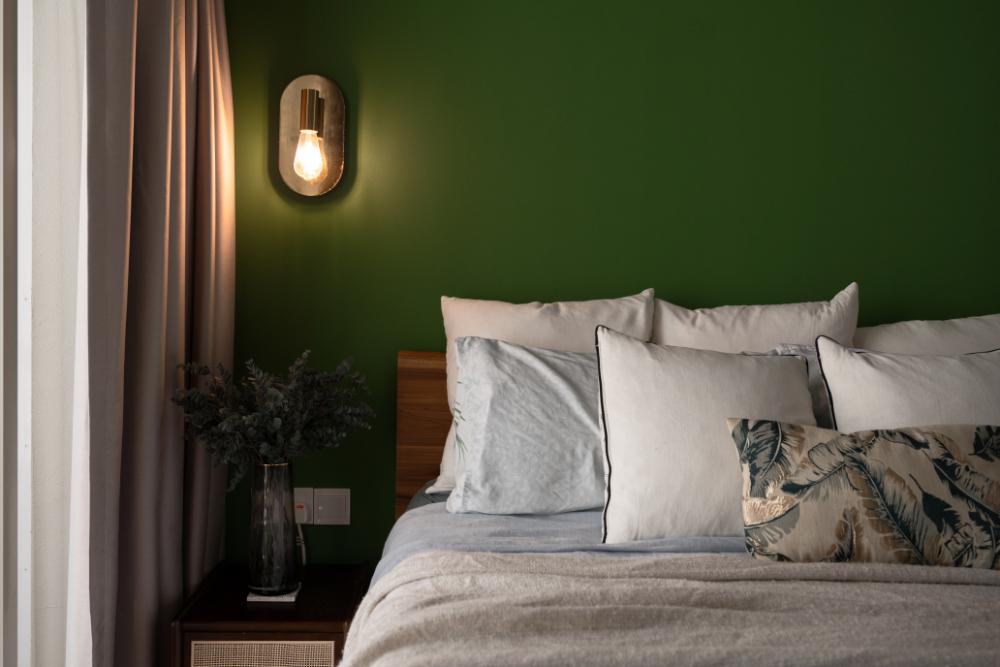 Modern Bedroom with Curtain and Bedside Table