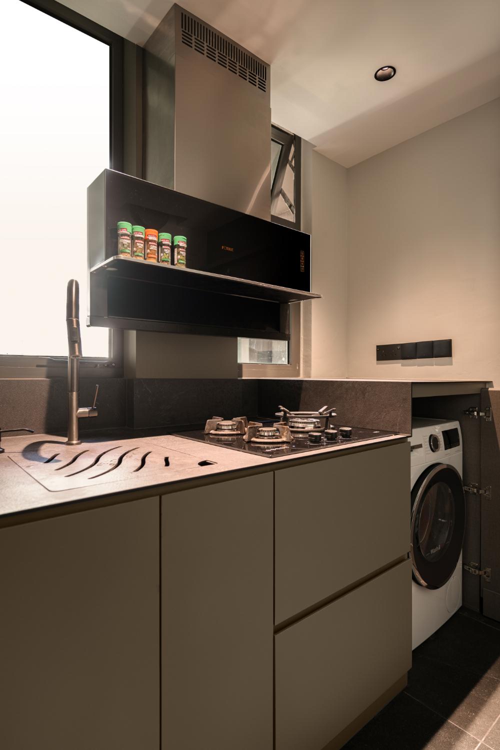 Modern Kitchen with Kitchen Window and Washing Machine