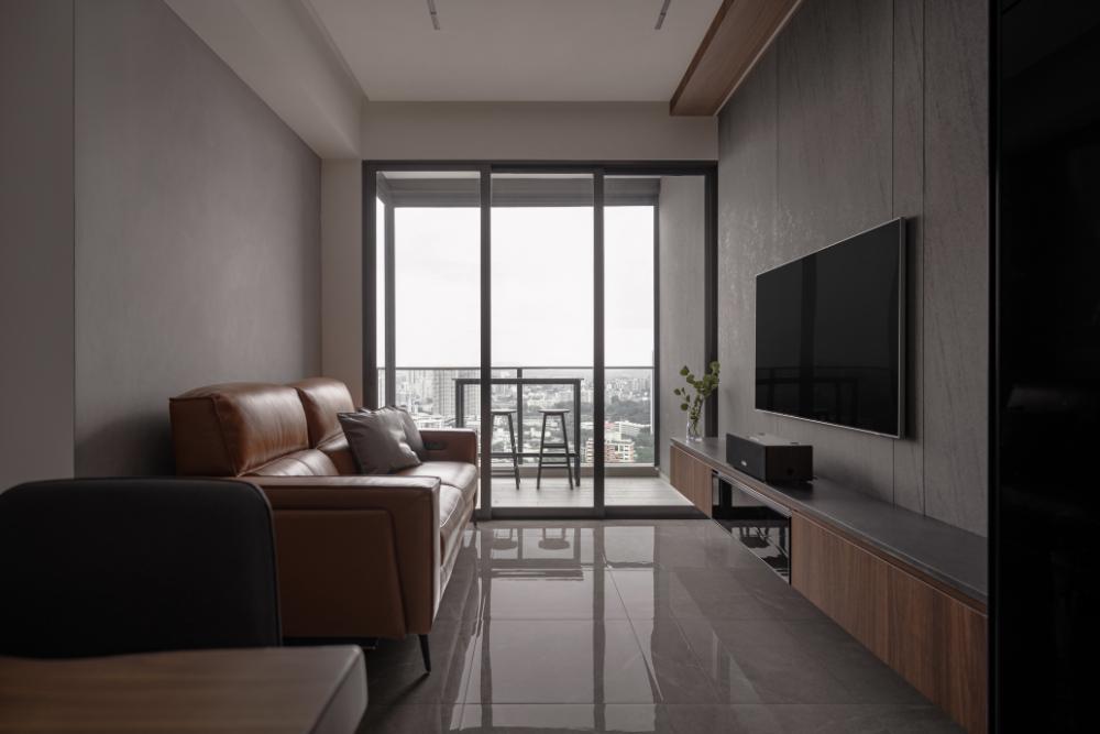 Industrial Living Room with TV Console and Feature Wall