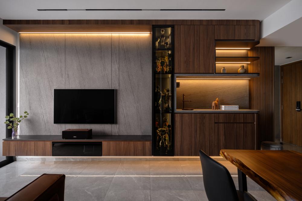 Industrial Living Room with Feature Wall and Wall Shelves