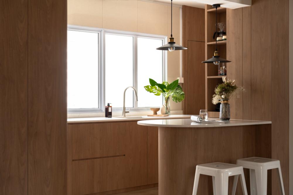 Scandinavian Dining Room with Kitchen Island and Open Kitchen