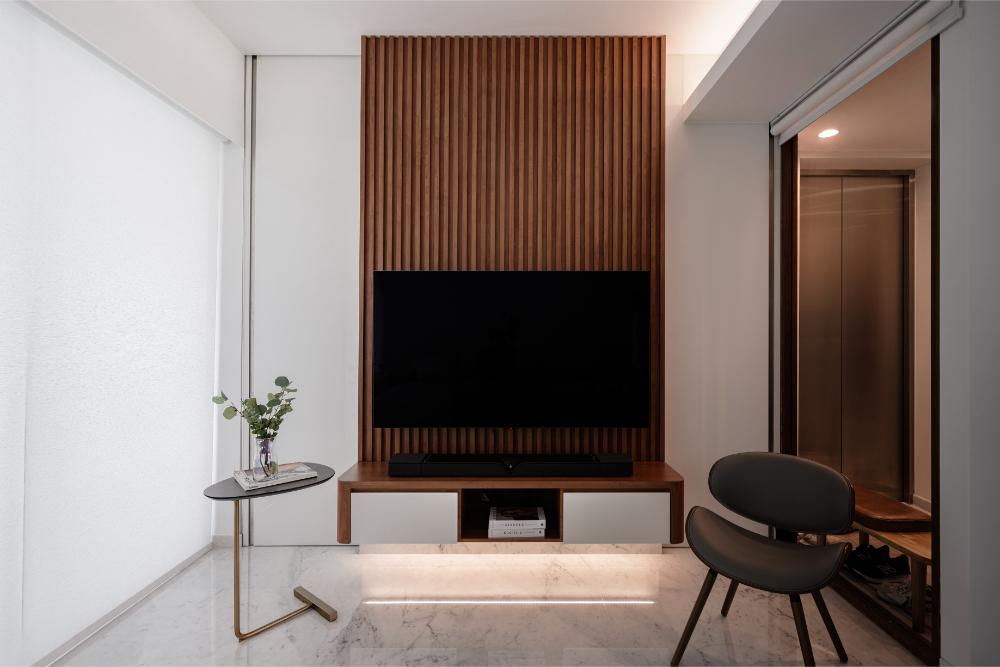 Minimalist Living Room with Marble Floor and TV Console