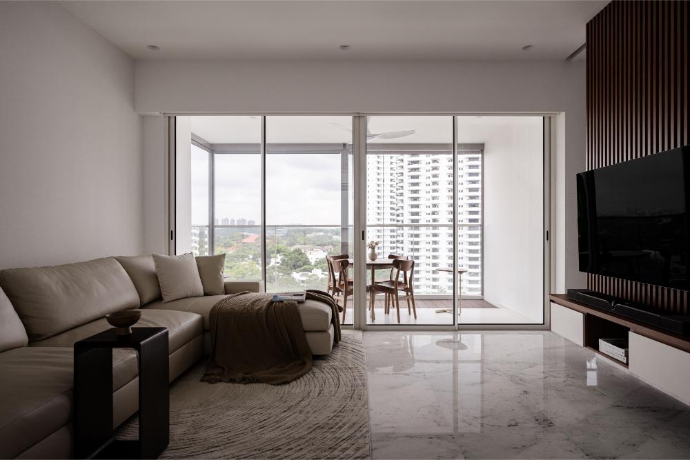Minimalist Living Room with Marble Floor and TV Console