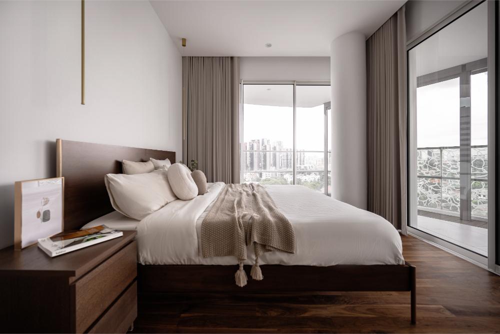 Minimalist Bedroom with Wood Flooring and Bay Window