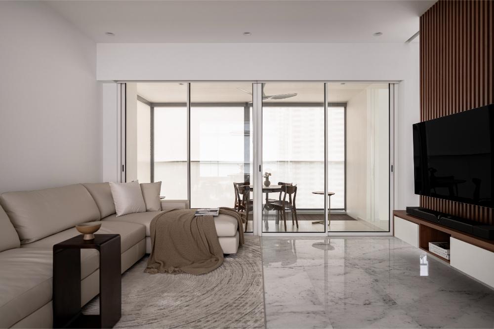 Minimalist Living Room with Marble Floor and TV Console