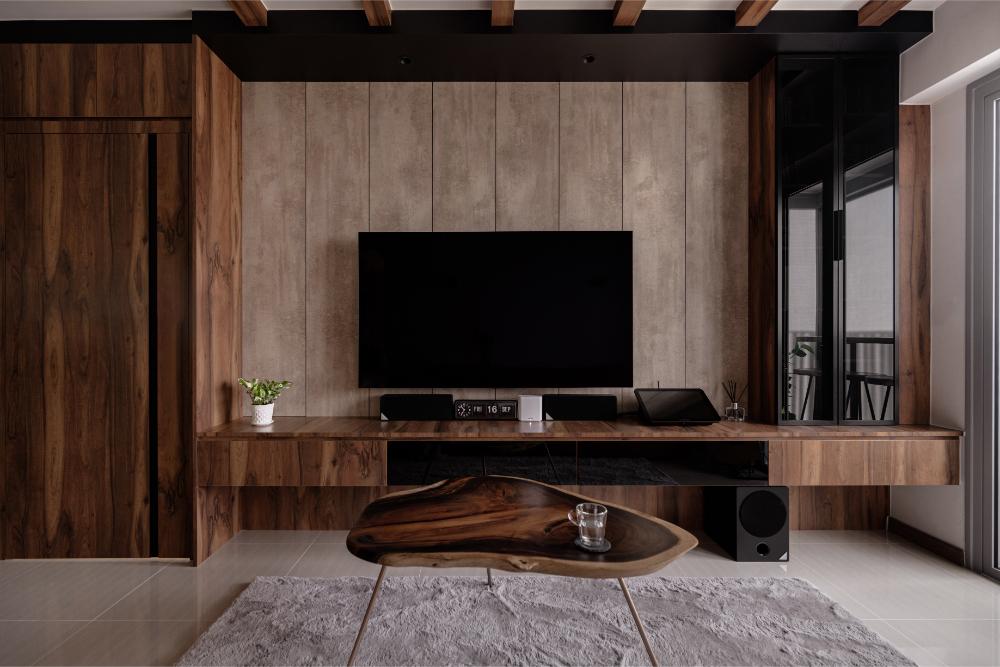 Country Living Room with TV Console and Feature Wall