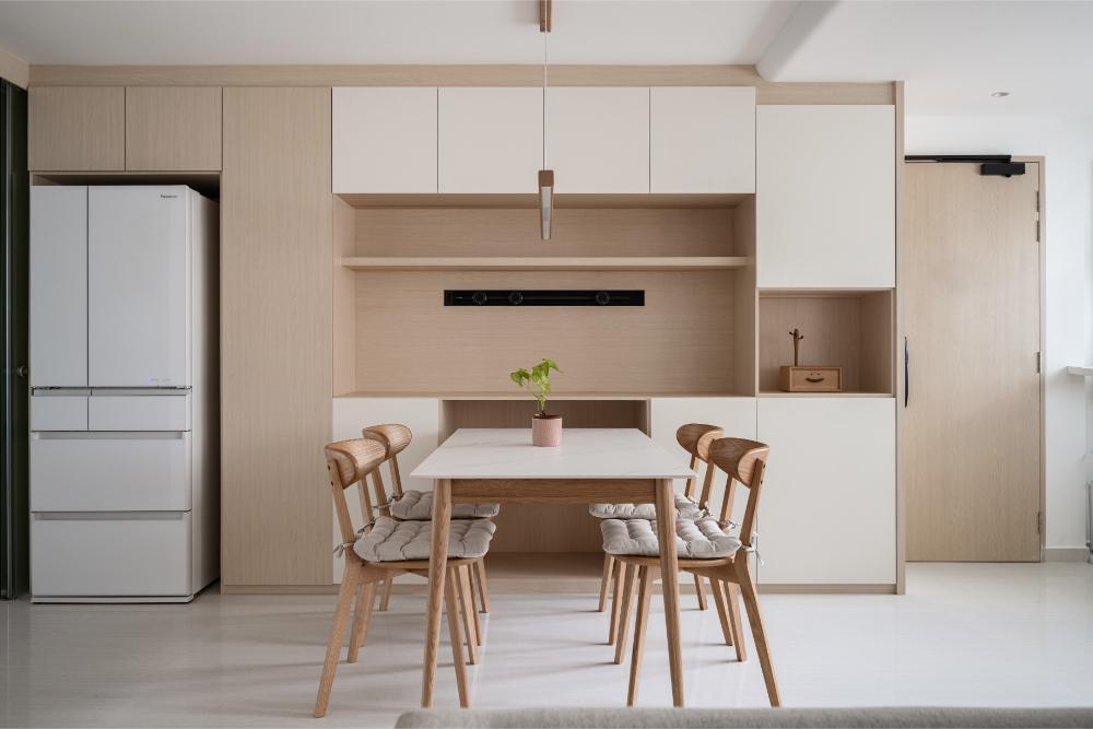 Scandinavian Dining Room with Dining Table and Storage Cabinets