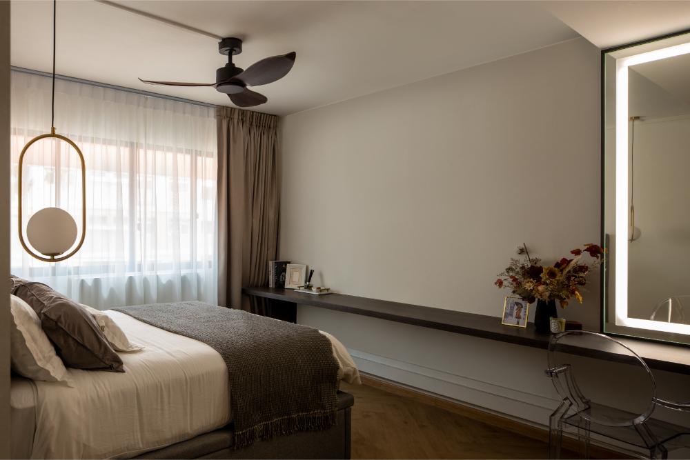 Scandinavian Bedroom with Ceiling Fan and Bedside Table