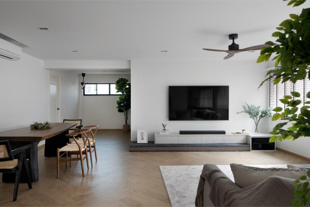Scandinavian Living Room with TV Console and Ceiling Fan