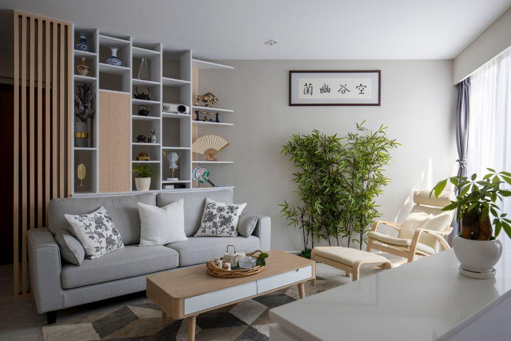 Asian Living Room with Bay Window and Sofa