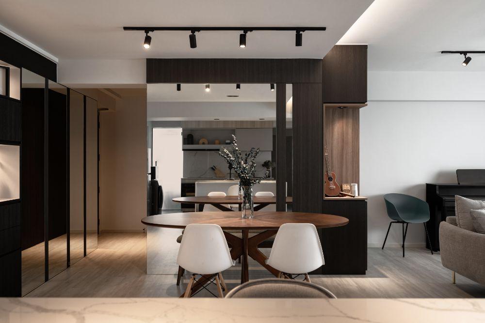 Modern Dining Room with Mirror and Tableware