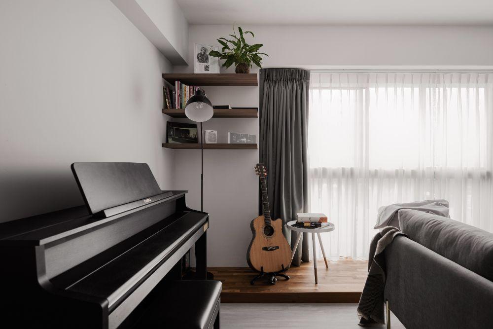 Modern Living Room with Curtain and Shelving Units