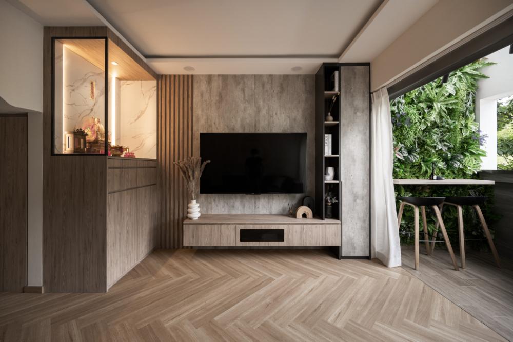 Scandinavian Living Room with Wood Flooring and TV Console
