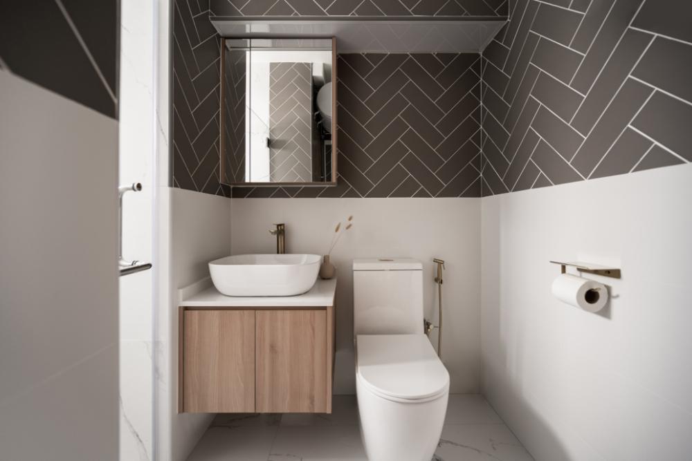 Scandinavian Bathroom with Countertop and Mirror