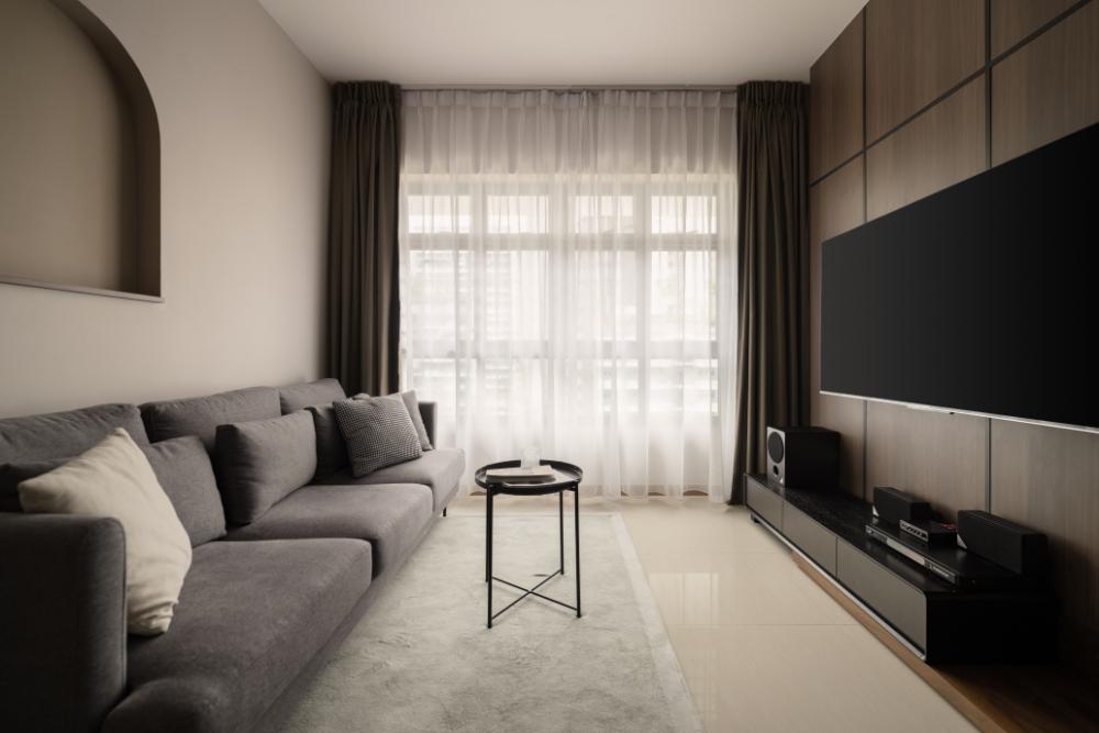 Scandinavian Living Room with TV Console and Feature Wall