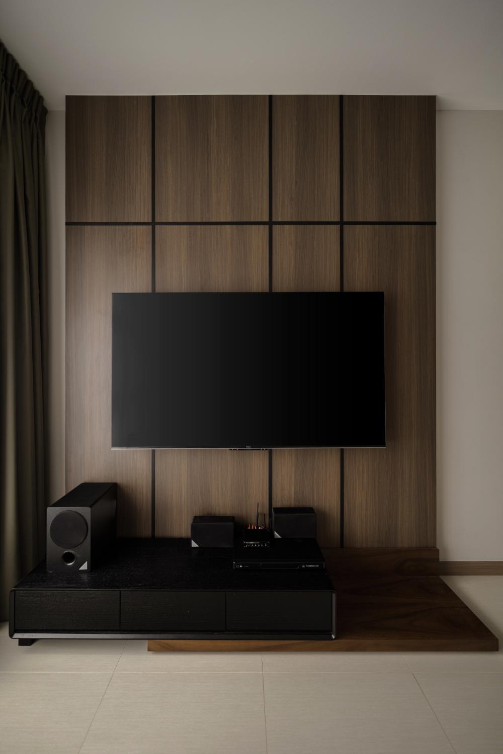 Scandinavian Living Room with TV Console and Feature Wall
