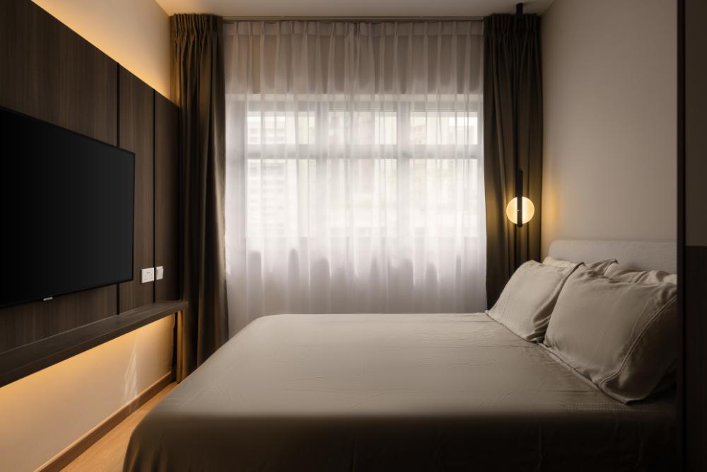Scandinavian Bedroom with Feature Wall and Curtain