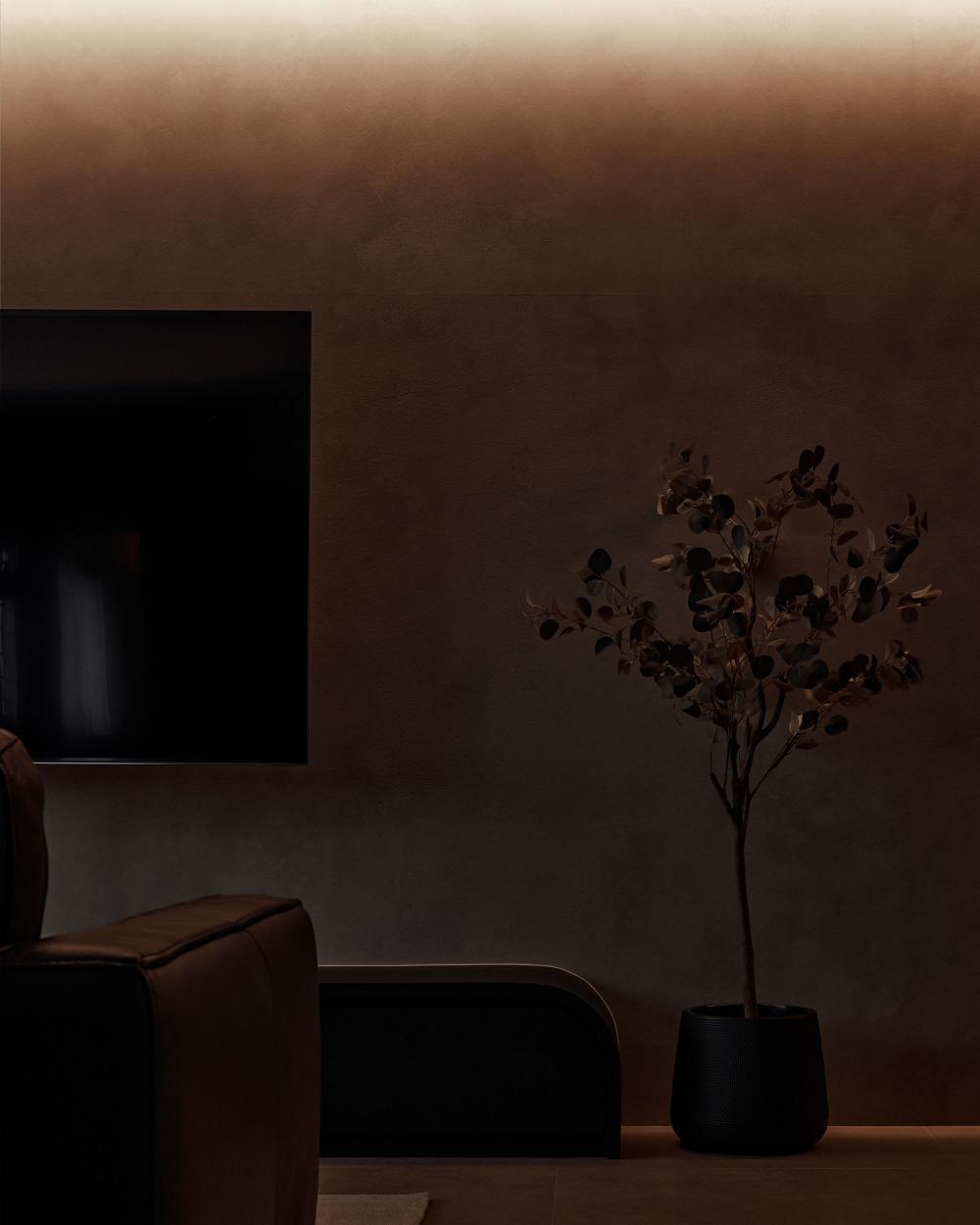 Contemporary Living Room with Homogeneous Tiles and TV Console