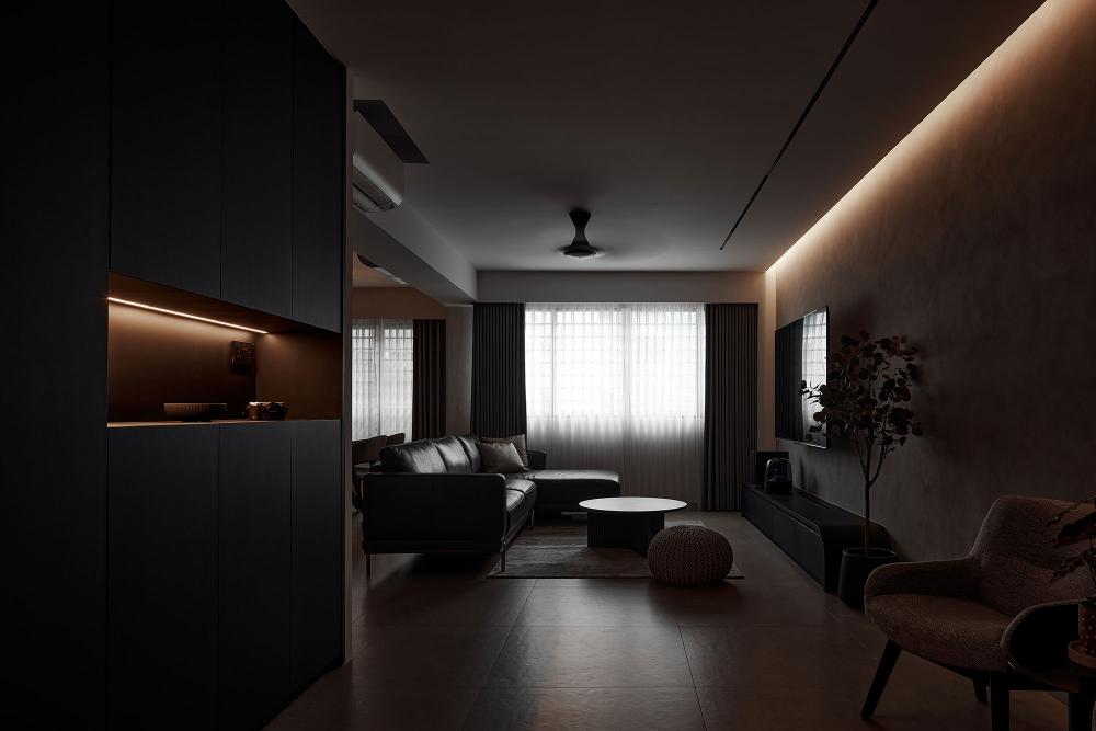 Contemporary Living Room with Homogeneous Tiles and TV Console