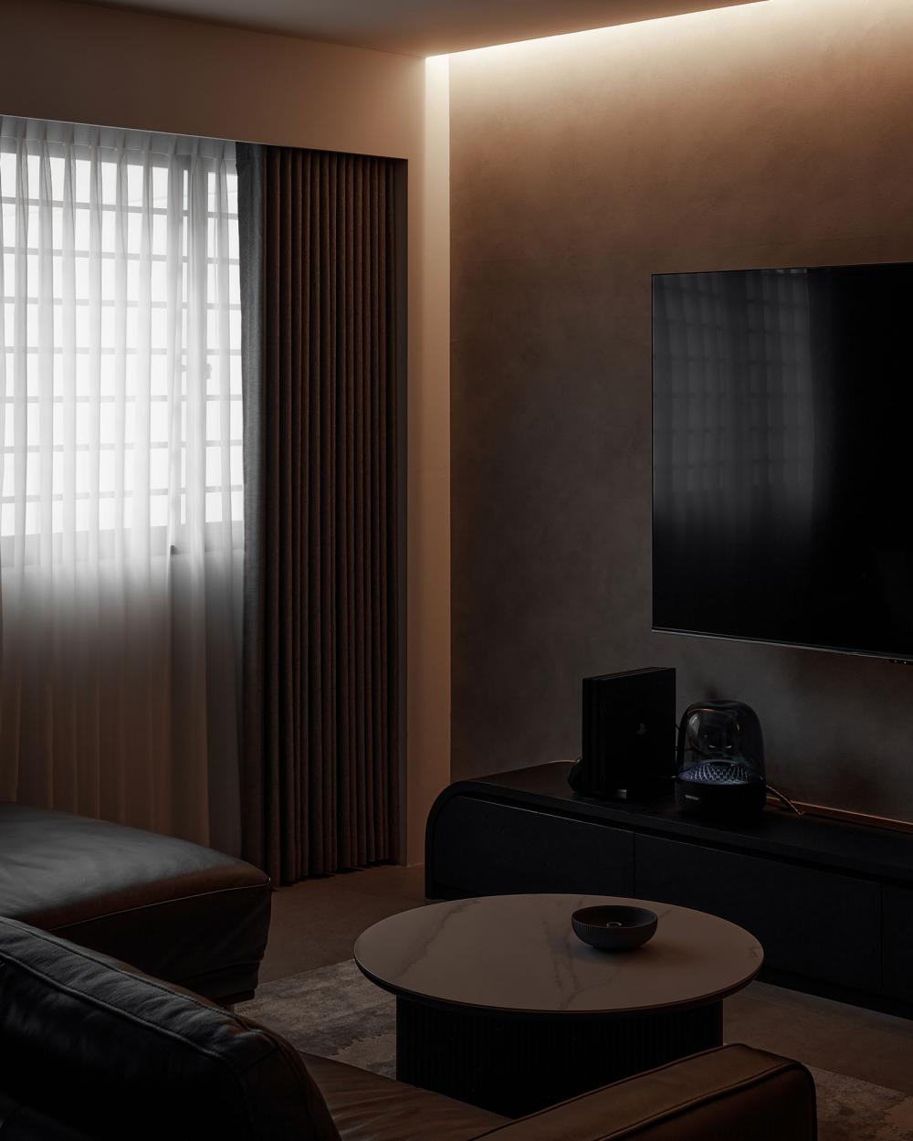 Contemporary Living Room with Homogeneous Tiles and TV Console