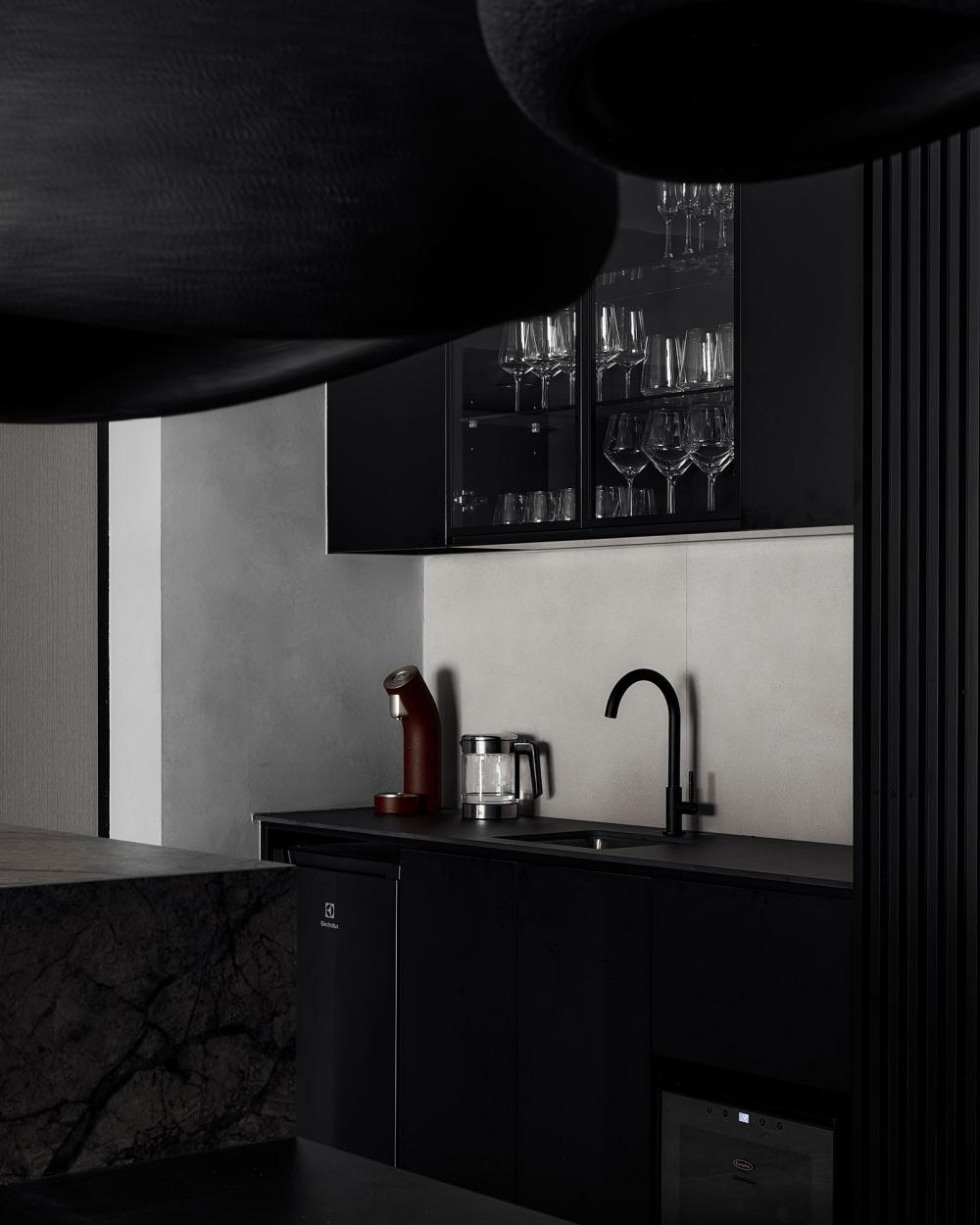 Contemporary Pantry with Kitchen Island and Console Table