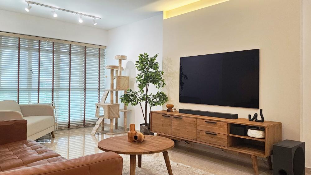 Scandinavian Living Room with Vinyl Flooring and Herringbone Tiling