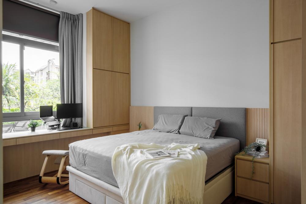 Modern Bedroom with Bay Window and Ceiling Light