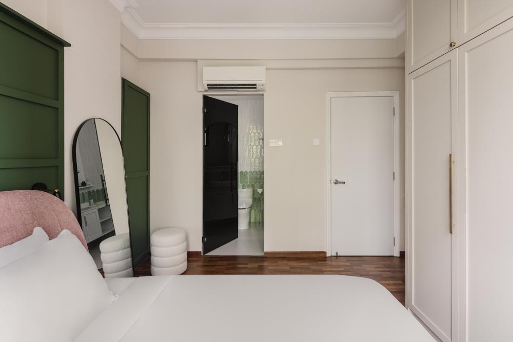 Contemporary Bedroom with Wood Flooring and Mirror
