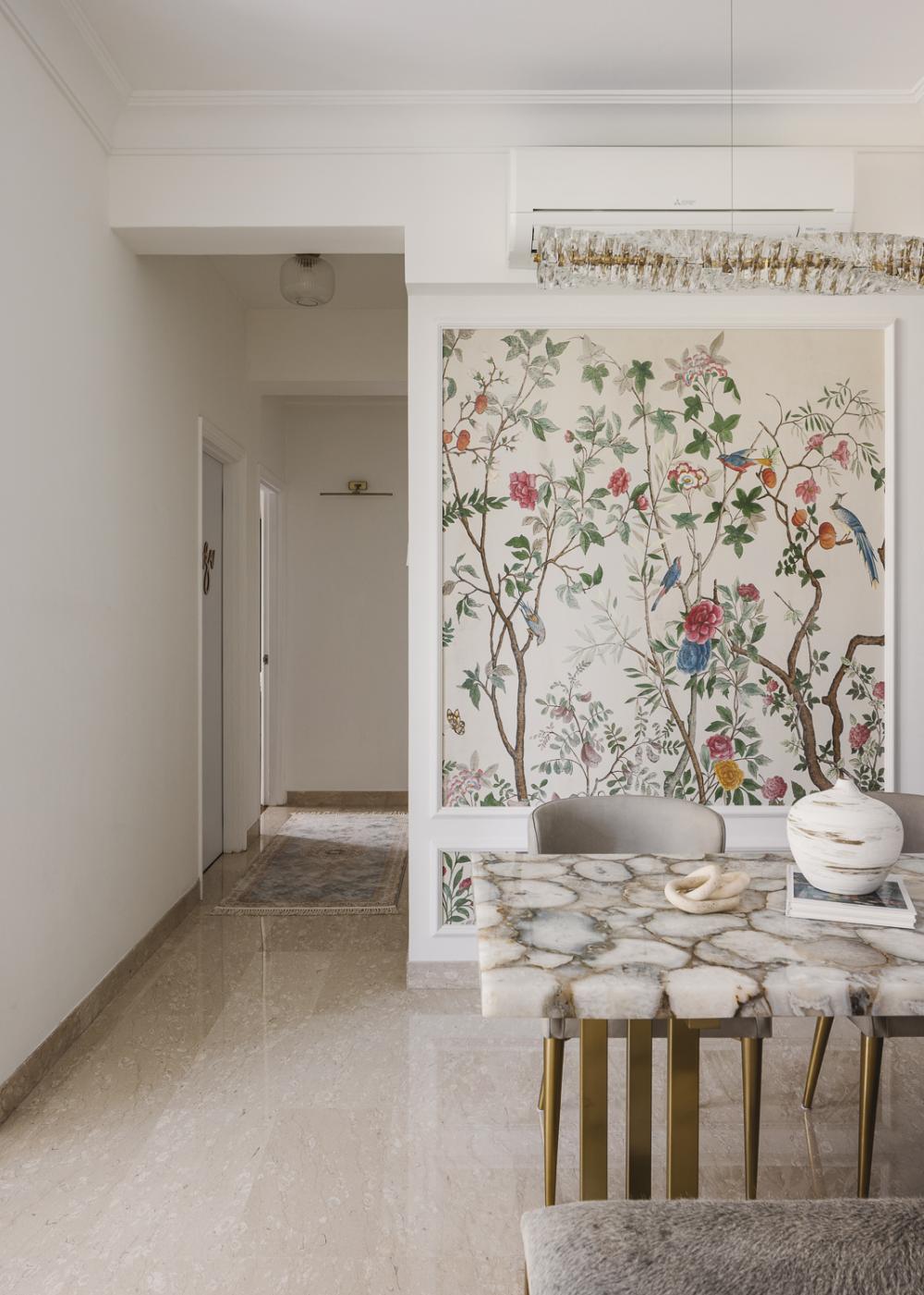 Contemporary Dining Room with Drop Light and Wallpaper