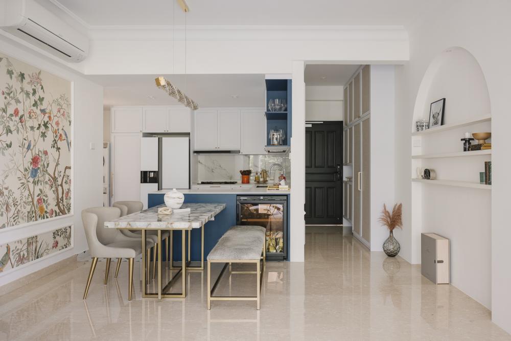 Contemporary Dining Room with Wallpaper and Downlights