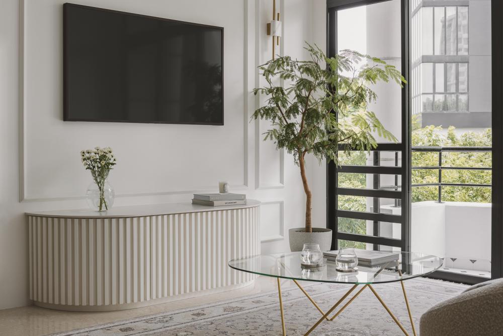 Contemporary Living Room with TV Console and Feature Wall