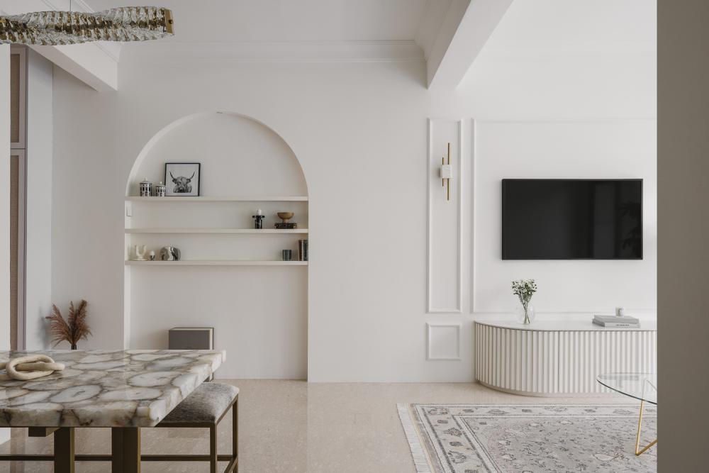 Contemporary Dining Room with TV Console and Downlights