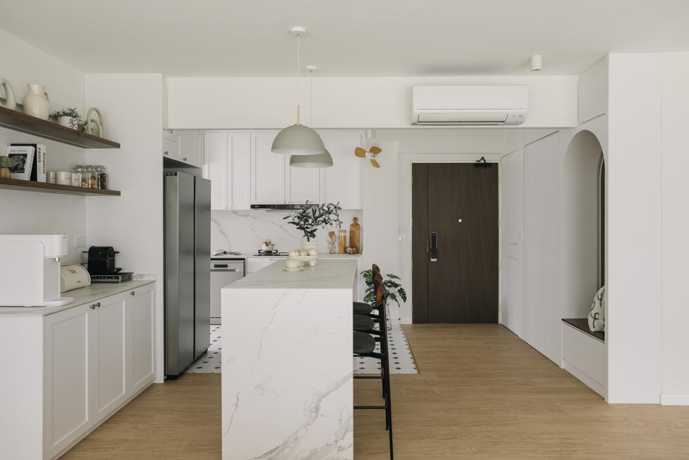 Modern Hallway with Drop Light and Dining Table