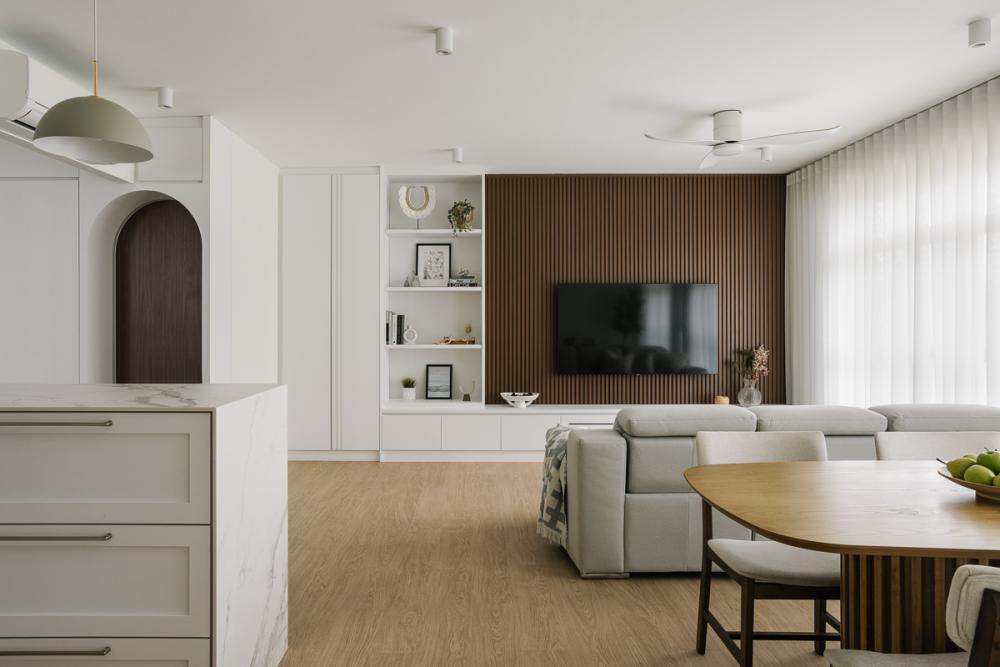Modern Bedroom with Feature Wall and Kitchen Island