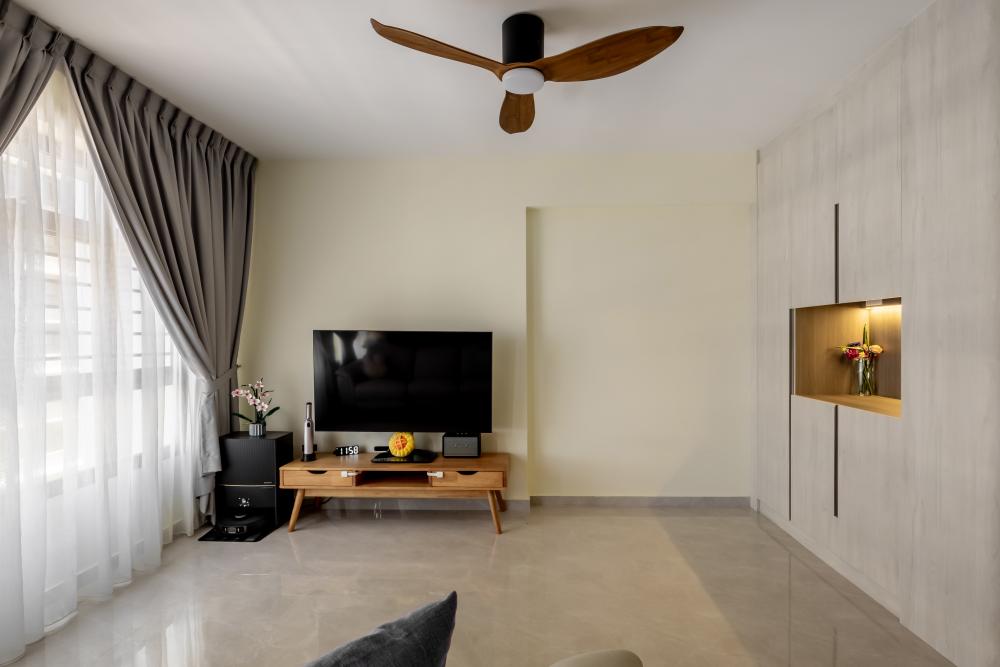 Minimalist Living Room with Bookshelf and Homogeneous Tiles