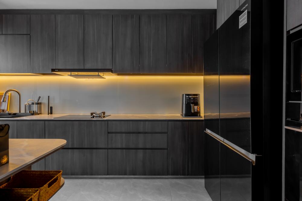 Modern Kitchen with Countertop and Herringbone Tiling