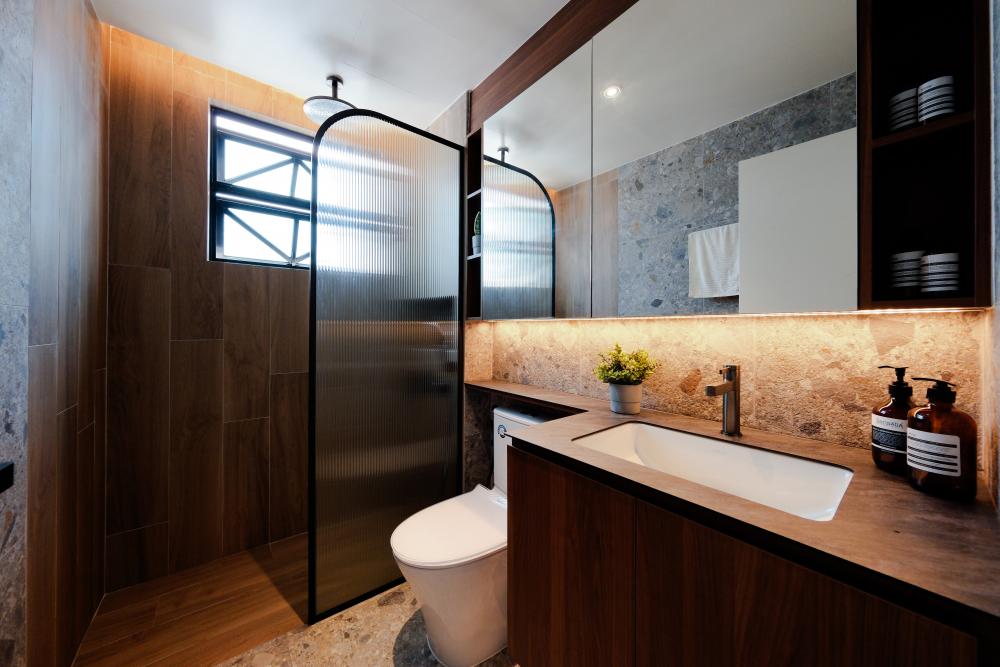 Contemporary Bathroom with Wood Flooring and Mirror
