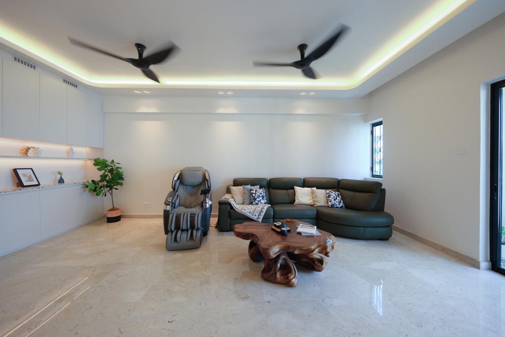 Contemporary Living Room with Marble Floor and Drop Light