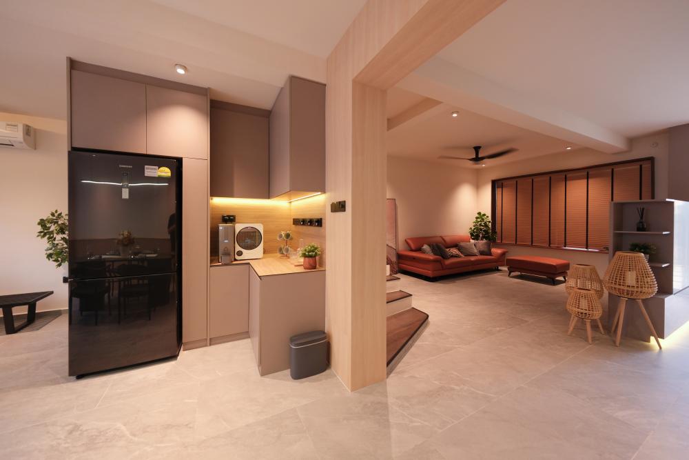 Contemporary Hallway with Bookshelf and Artwork