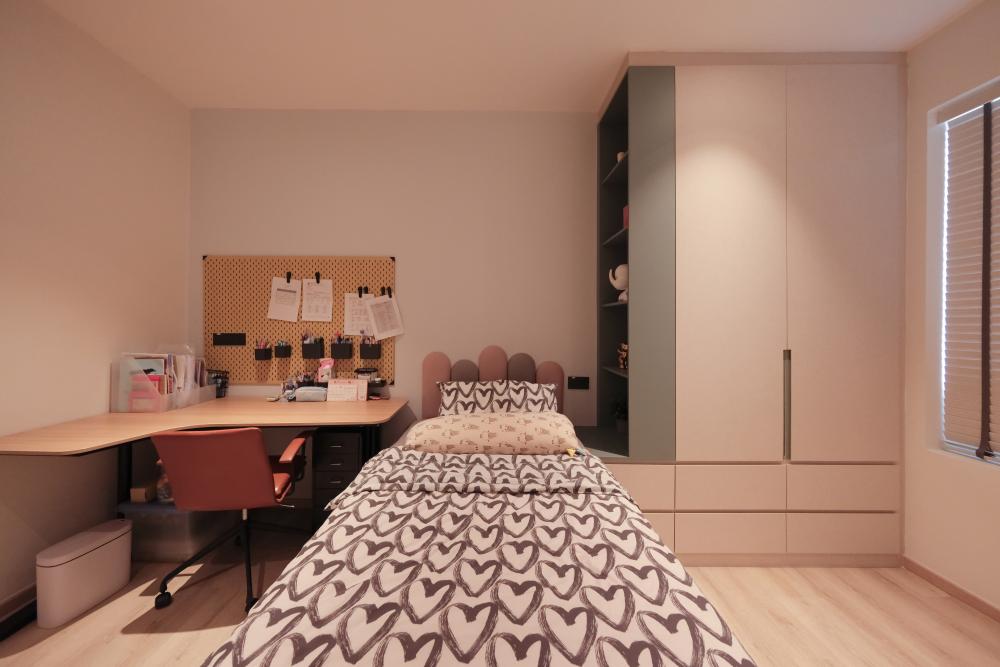 Contemporary Bedroom with Bookshelf and Children's Beds