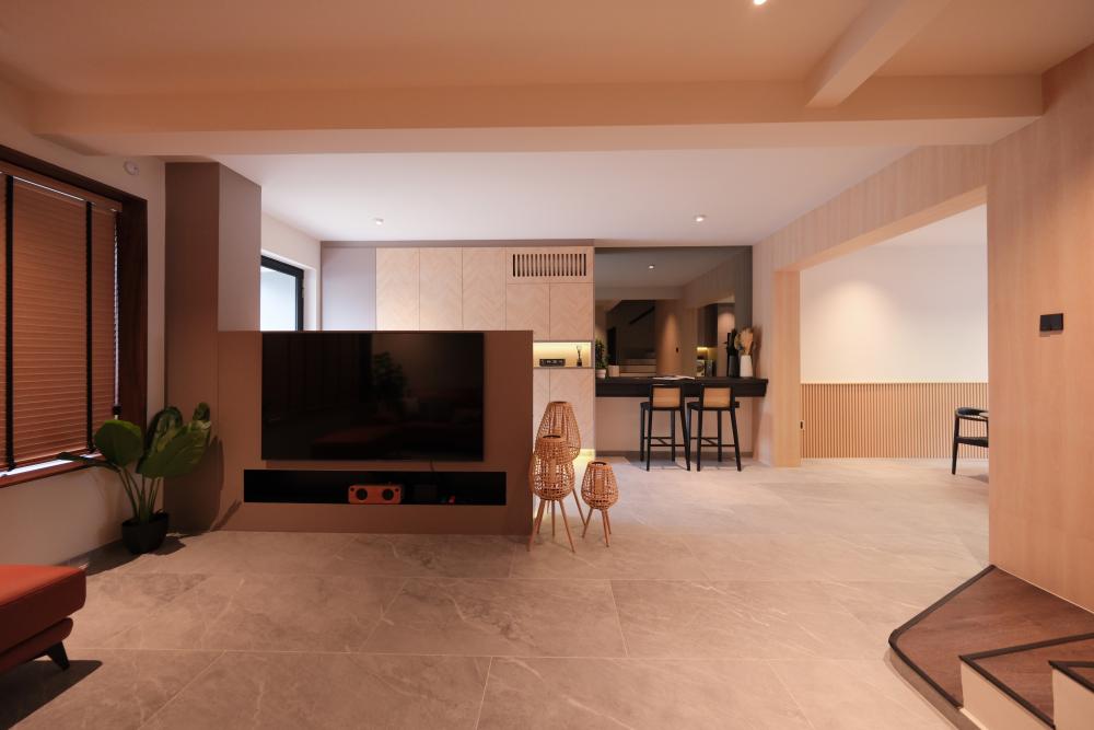 Contemporary Living Room with Feature Wall and Ceiling Light