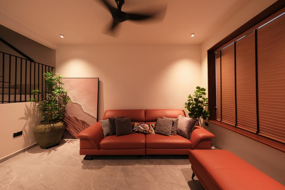 Contemporary Living Room with Ceiling Light and Roller Blinds